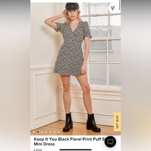 Lulu’s keep it you black floral print puff sleeve mini dress